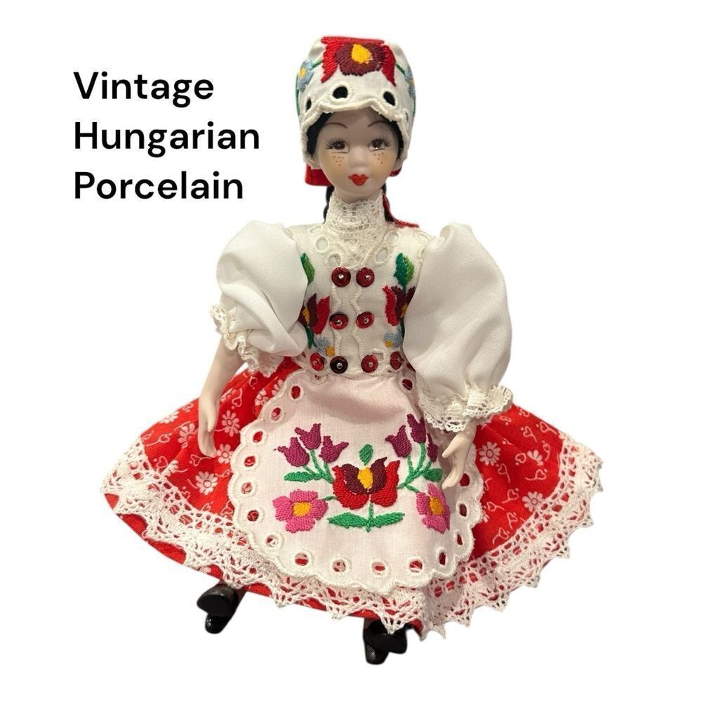 Vintage Hungarian Porcelain Doll with Floral Dress